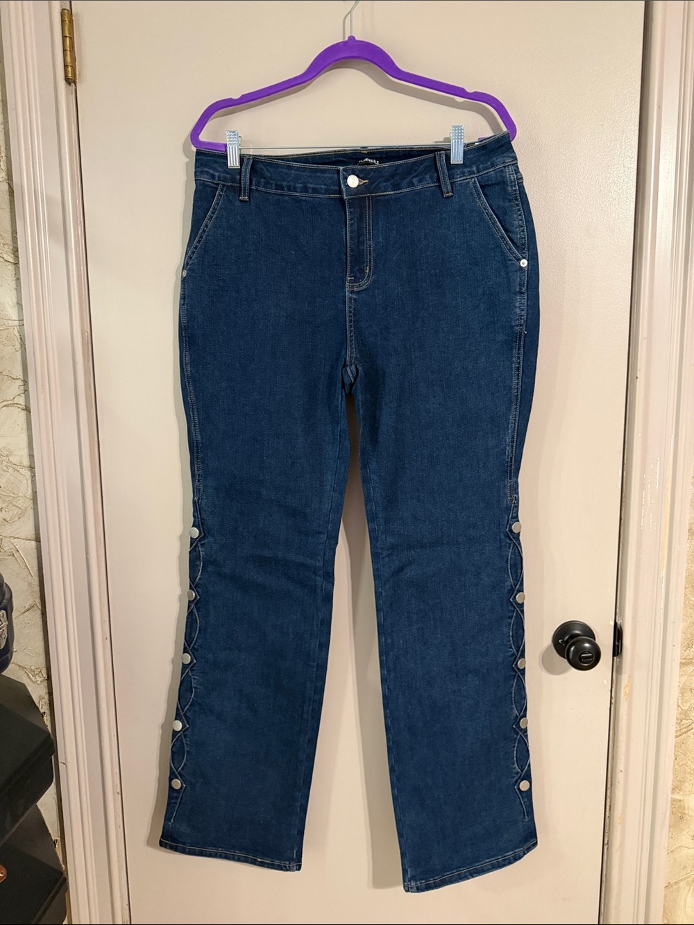 Dark Blue Women's Wide-Leg Button-Side Jeans